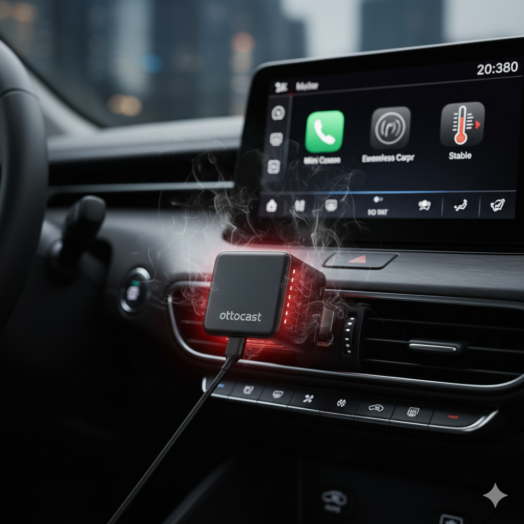 熱を持つ前のOttocast Mini Cubeが車のUSBポートに接続されている。車のダッシュボードにあるディスプレイには、CarPlayまたはAndroid Autoの画面が表示されている。