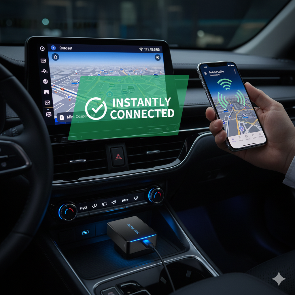 運転席でスマートフォンを持つ日本人男性が、Ottocast Mini Cubeを介して車のディスプレイにCarPlayまたはAndroid Autoが瞬時に接続される様子を見ている。