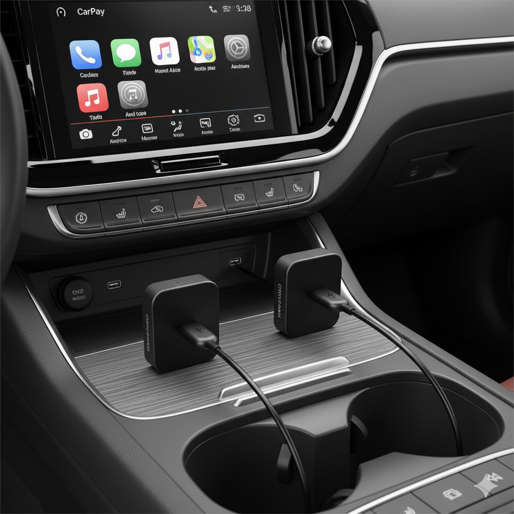 車のセンターコンソールにあるUSBポートに、Ottocast Mini CubeのType-AモデルとType-Cモデルがそれぞれ接続されている。