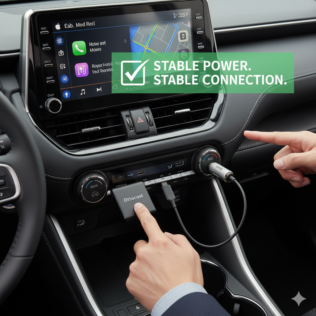 トヨタ車内で、Ottocast Mini CubeがUSB電源補助ケーブルを使ってシガーソケットから給電されている様子。日本人男性の手がMini Cubeに触れている。