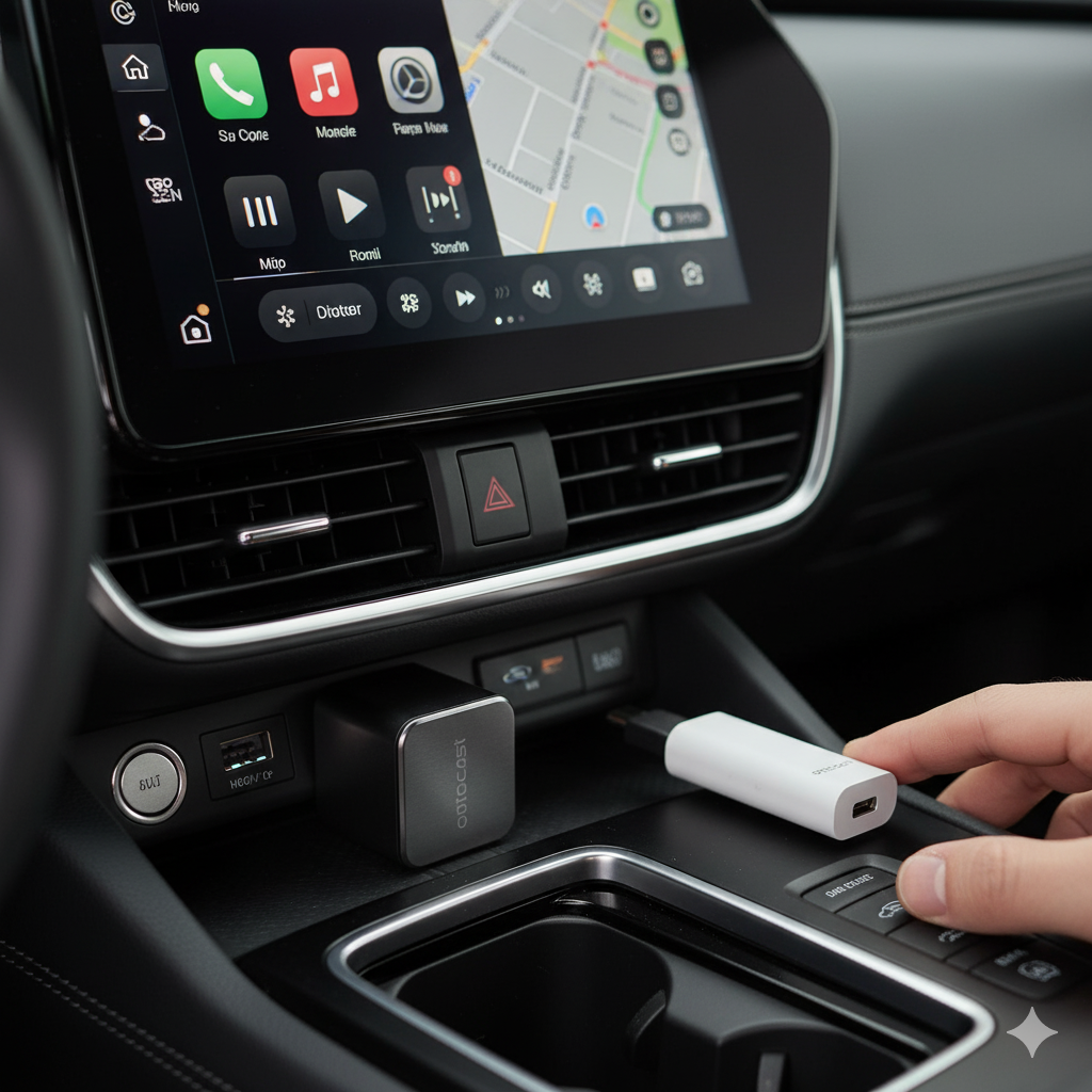 Ottocast Mini Cube（黒色）と旧モデルのOttocast Mini（白色）が車のUSBポートに接続されている様子。Mini Cubeのコンパクトさが際立つ。