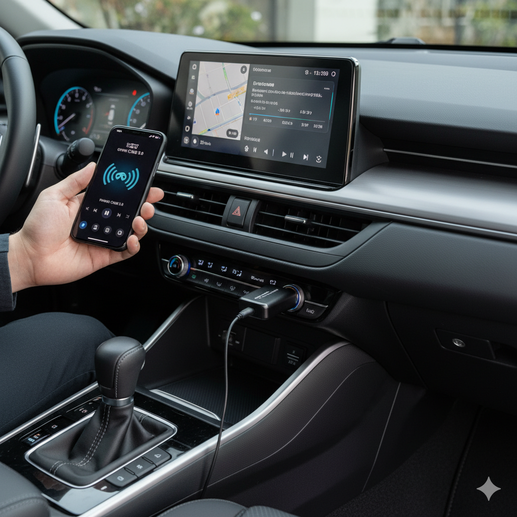 運転席でスマートフォンを操作し、車のディスプレイにワイヤレスCarPlay/Android Autoが表示されている様子。手前にはOttocast Mini CubeがUSBポートに接続されている。