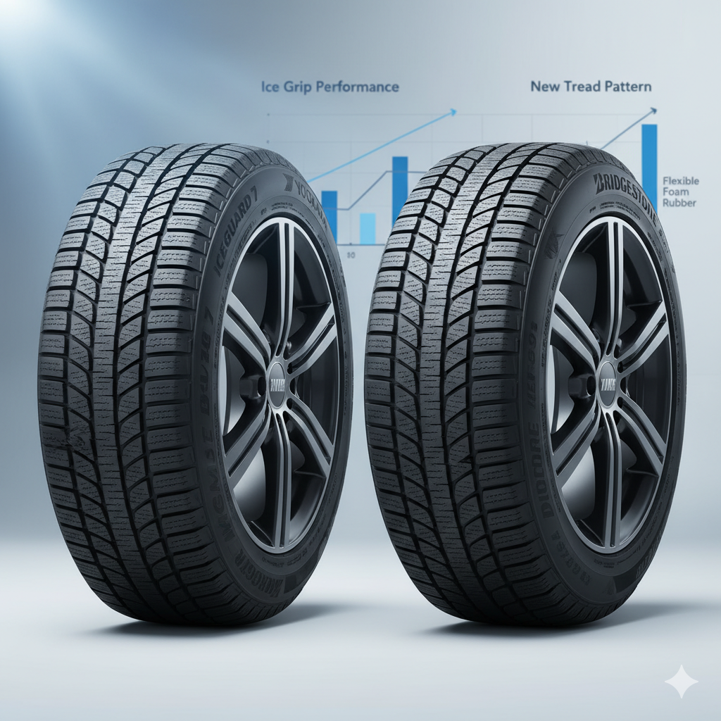 ヨコハマ アイスガード7とブリヂストン VRX3のスタッドレスタイヤが並んでおり、それぞれの特徴的なトレッドパターンがはっきりと見える。背後には性能比較を示すグラフがぼんやりと表示されている。