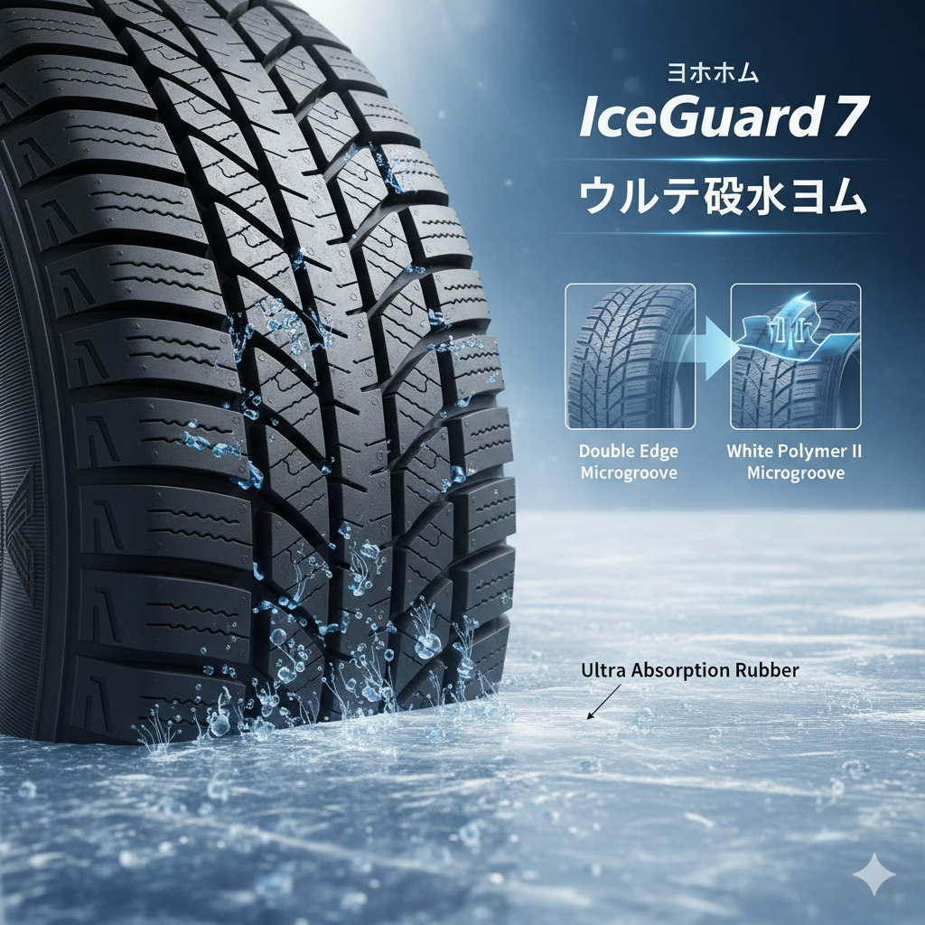 ヨコハマ アイスガード7のタイヤが氷上の水膜を吸水している様子を表現したイメージ。タイヤのトレッド部分が氷に密着し、水滴が吸い上げられている様子が視覚的に強調されており、その技術的特徴を示唆する。