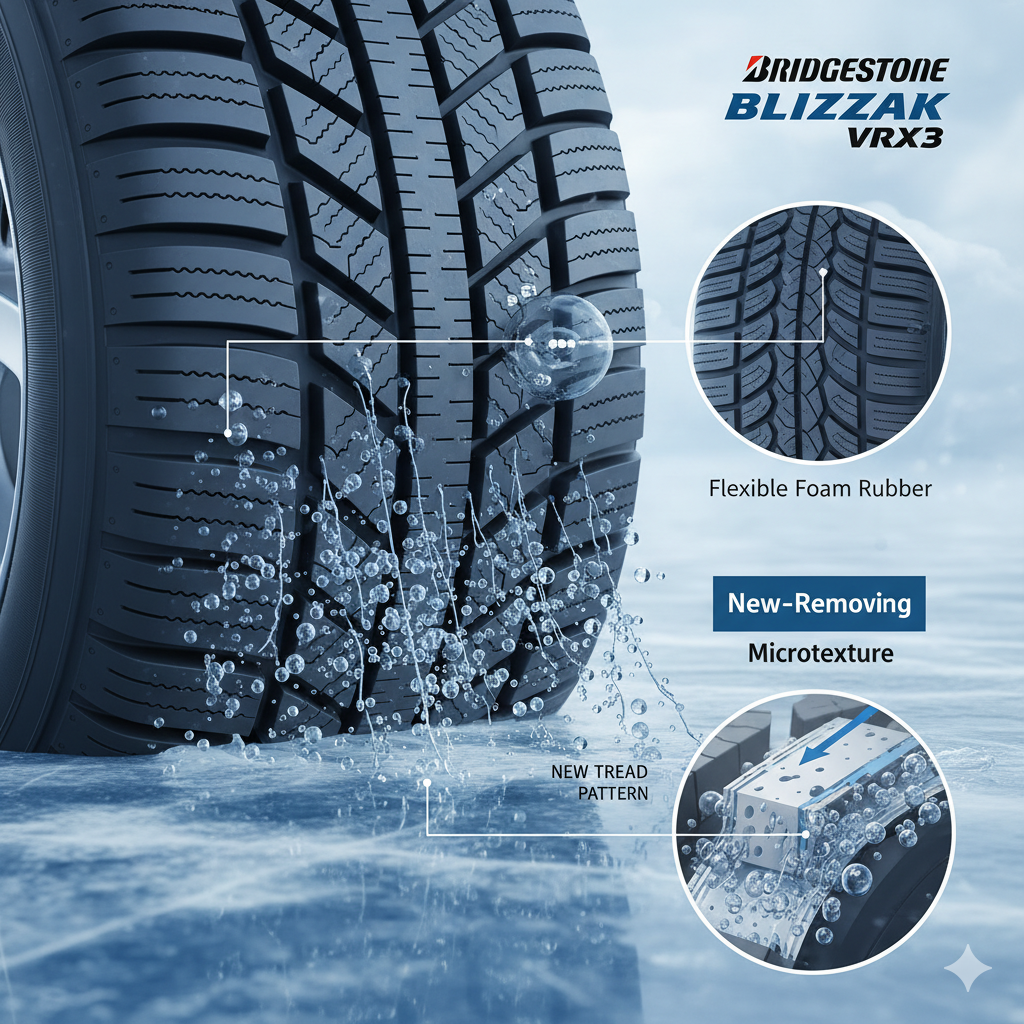 ブリヂストン VRX3のタイヤが氷上の水膜を除去している様子を表現したイメージ。タイヤの内部構造と水膜を吸い上げるメカニズムが図解されており、その技術的特徴を示唆する。