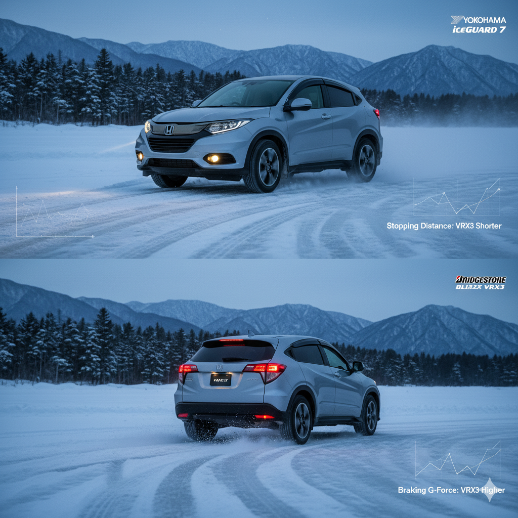 雪と氷の混じる道で新型ヴェゼルが走行している様子。上段はヨコハマ アイスガード7を装着した新型ヴェゼルが穏やかにカーブを曲がる様子、下段はブリヂストン VRX3を装着した新型ヴェゼルが力強くブレーキングする様子をそれぞれ表現しており、氷上での両タイヤの特性の違いを示している。