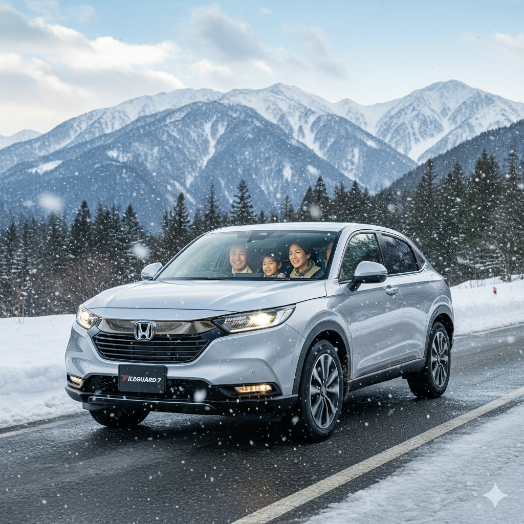 雪道を走る白いSUV（ホンダ ヴェゼル新型）と運転する日本人家族のクローズアップ。雪が降る山間部の道路をスタッドレスタイヤを装着して走行し、家族が笑顔で快適なドライブを楽しんでいる様子。
