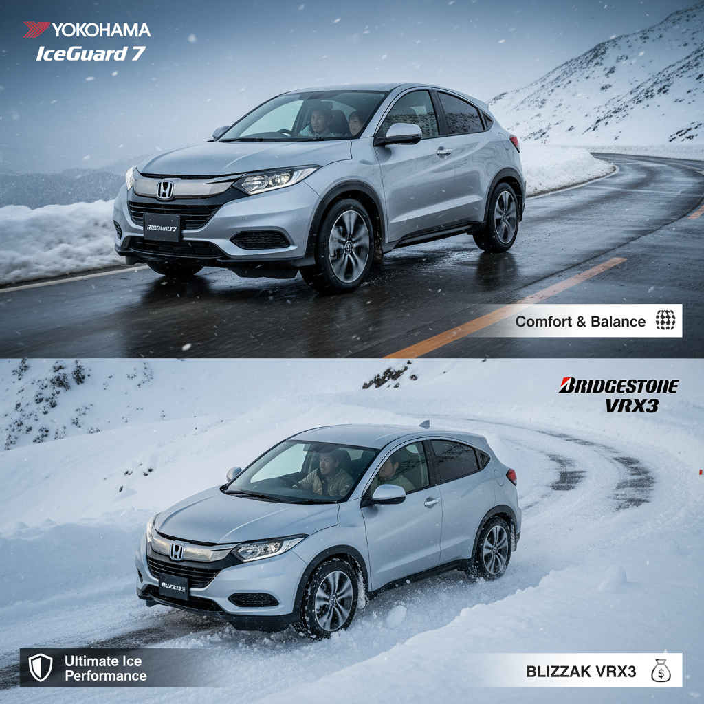冬の山間部を走行する新型ヴェゼル。上段はウェット路面をヨコハマ アイスガード7で快適に走行する様子、下段は雪道をブリヂストン VRX3で力強く走行する様子を比較し、それぞれのタイヤが持つ特性と最適な使用状況を表現している。