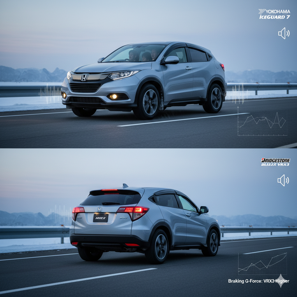 乾燥した冬の道路を走行する新型ヴェゼル。上段はヨコハマ アイスガード7を装着し、静かに走行している様子、下段はブリヂストン VRX3を装着し、力強く走行している様子を表現。両タイヤの静粛性の違いを視覚的に伝えている。