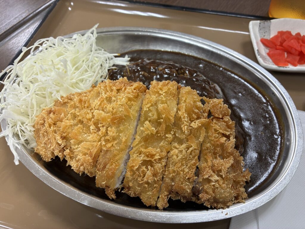 尼御前サービスエリアで食べた金沢カレー。ステンレスの皿に千切りキャベツとカツ
