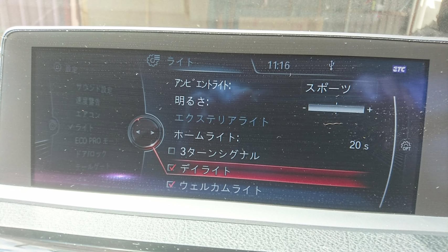 BMWの車両設定画面。ライトの項目にデイライトが追加されている